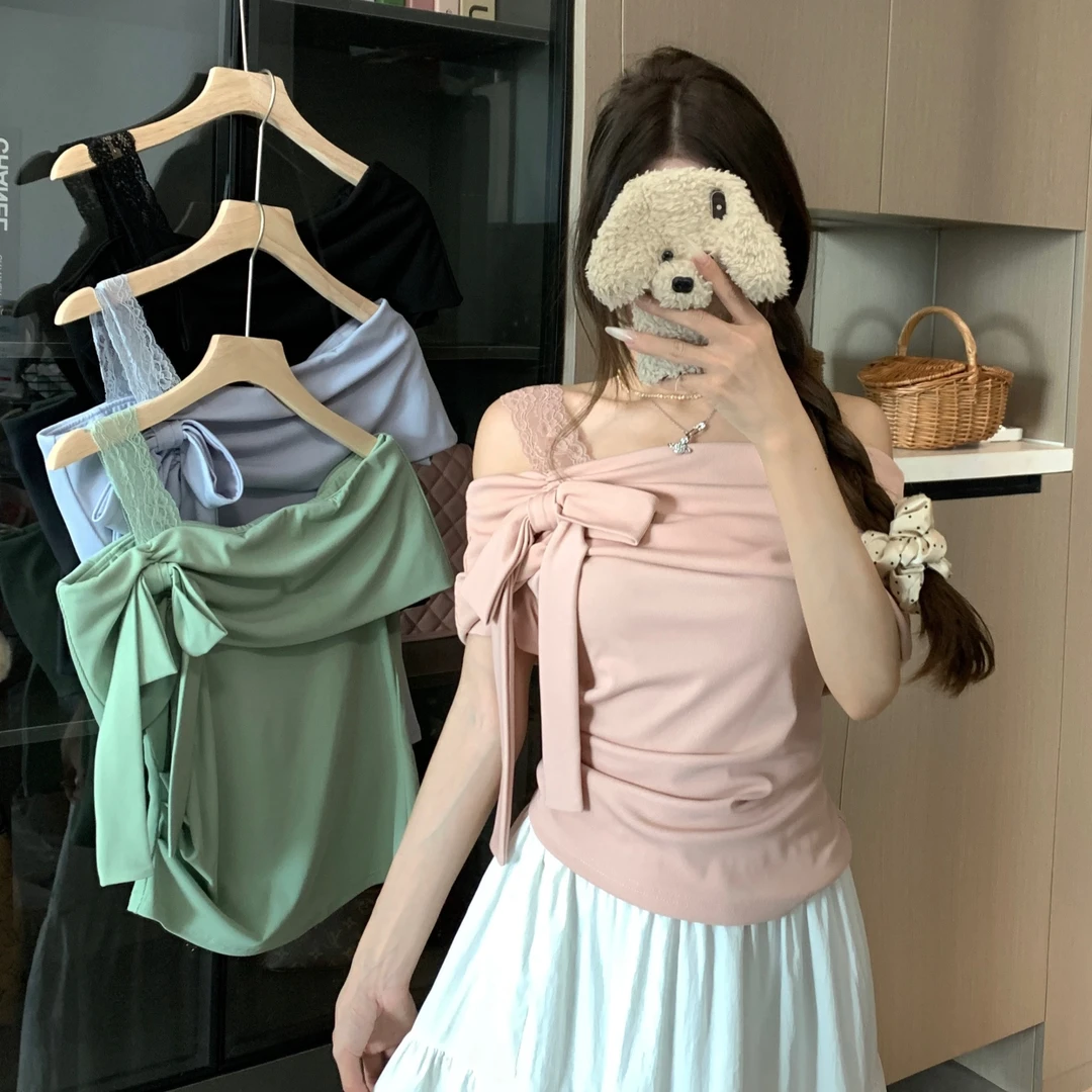 【6572】一字肩斜肩短袖独特漂亮掐腰露肩上衣设计感显瘦遮肉T恤