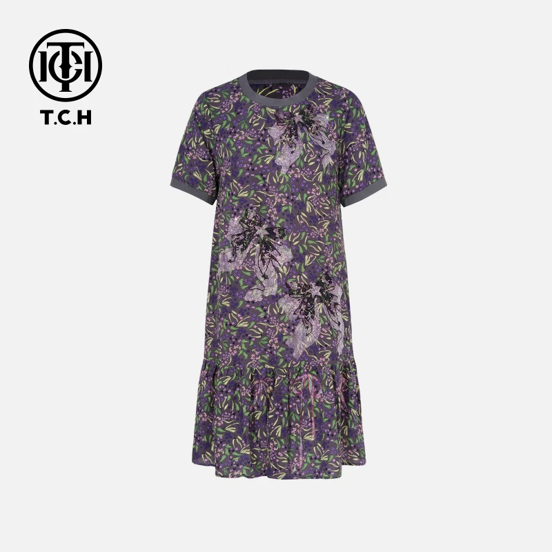 TCH私服烫钻工艺时尚休闲气质蝴蝶连衣裙女T75B30E5232轻奢tch