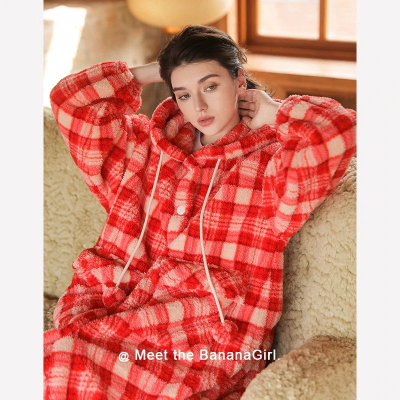 Bananagirl睡衣女秋冬连帽格子睡袍循环蓄温速暖家居服可外穿