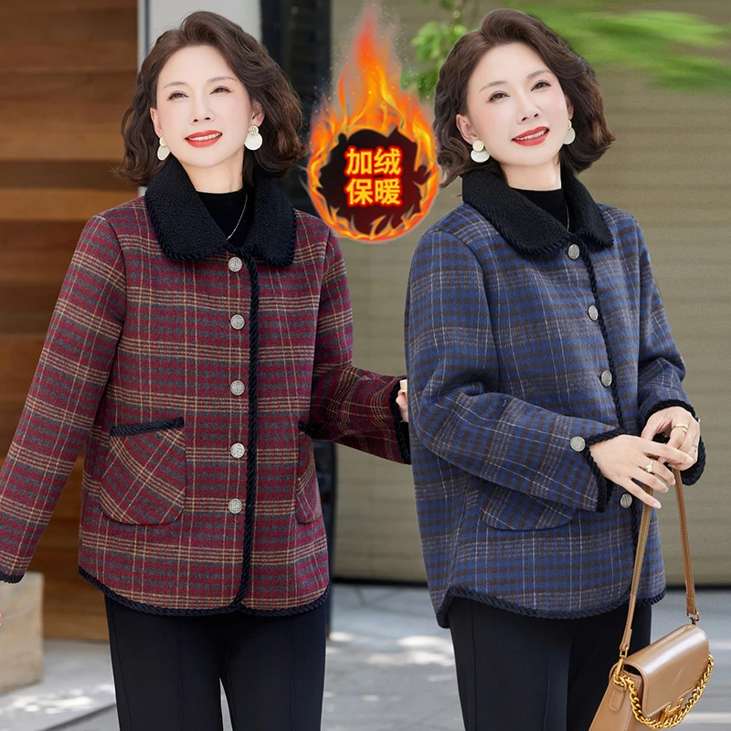 秋冬中老年加绒格子毛呢外套妈妈装中年短款宽松洋气翻领夹克