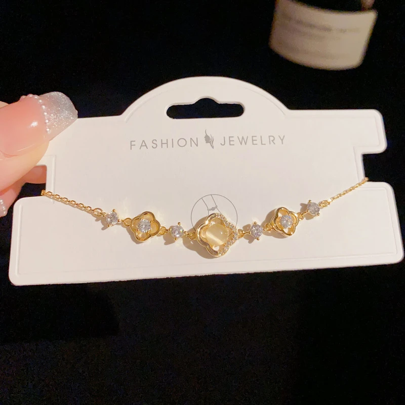 铜镀真金合成锆石手链 满钻镂空四叶花手链ins精致简约镶钻手饰