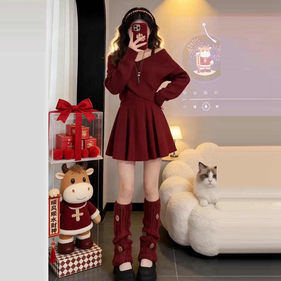 跨年穿搭超好看的冬装红色连衣裙子女2026超火穿搭一整套新年战袍