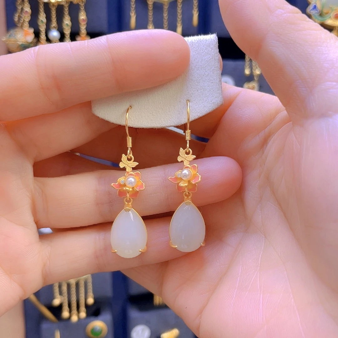 和田玉耳饰银S925镀金镶嵌