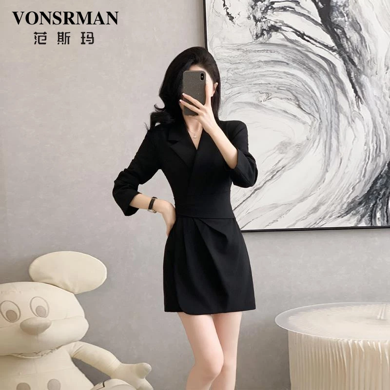 黑色长袖西装连衣裙女秋装新款女神范短款西服裙子收腰气质小黑裙