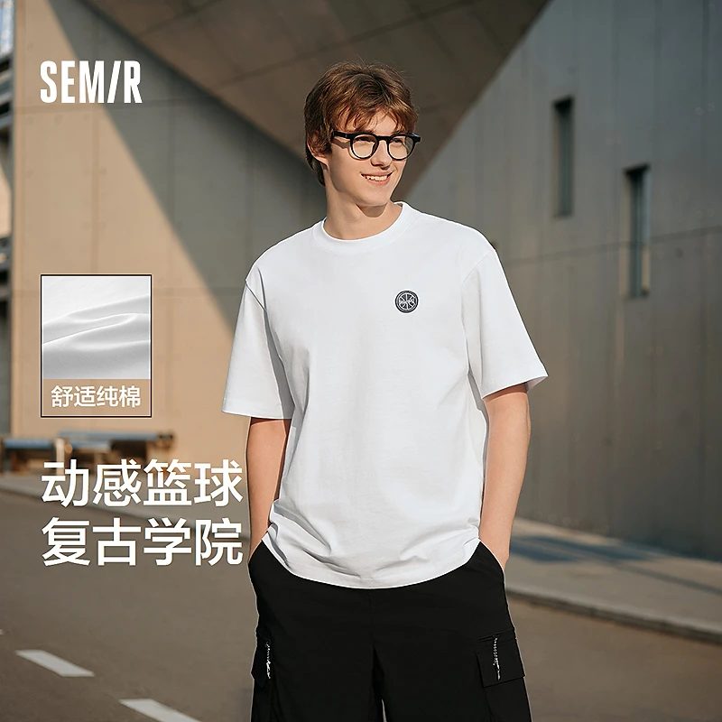 森马短袖T恤男运动风篮球印花大图绣花上衣复古学院夏季宽松时髦