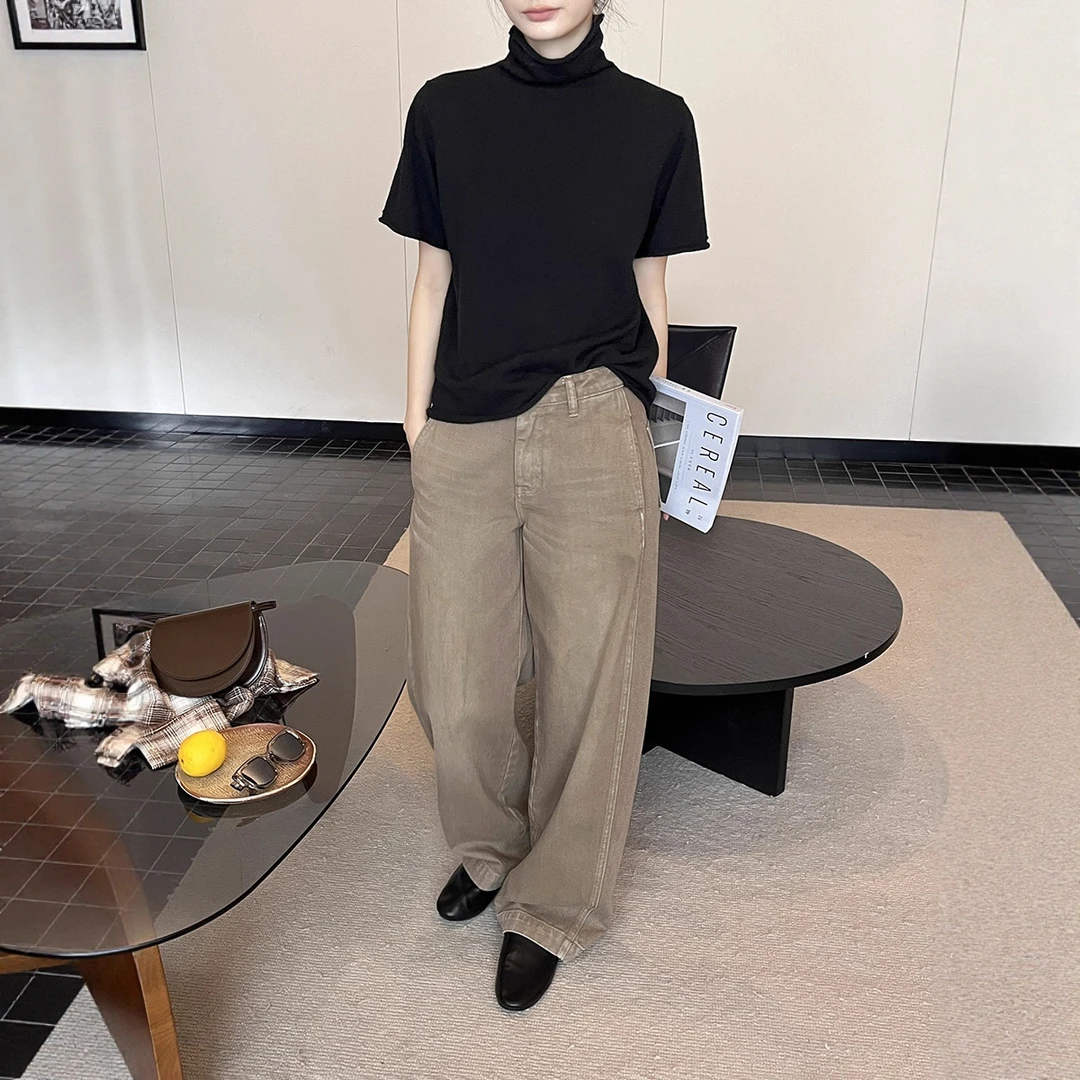 无弹初打十三行秋季新款法式做旧水洗廓形复古染色百搭牛仔裤女NB