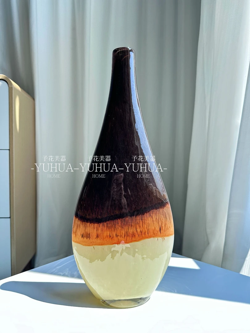 予花新中式水晶琥珀琉璃小口花瓶插花鲜花水培山水禅意摆件