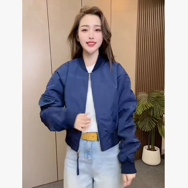 6306短款棒球服外套小众纯色拼接针织上衣通勤夹克袖子褶皱设计