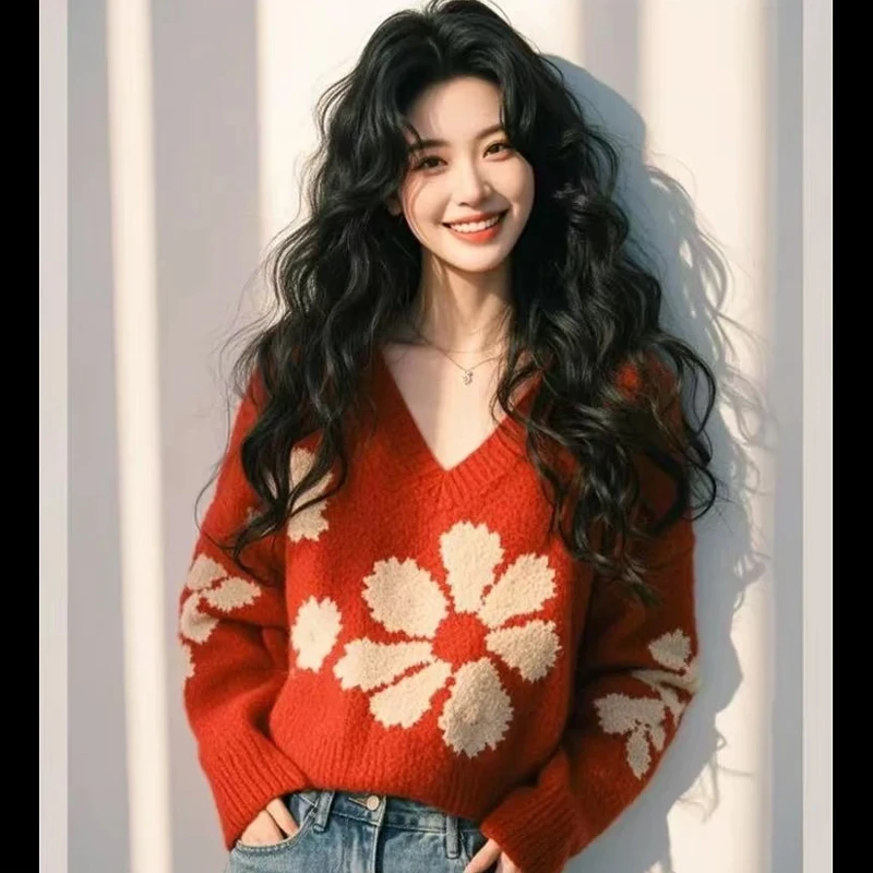 2025春秋新款爆款高级感洋气红色v领针织衫毛衣女装时尚保暖上衣