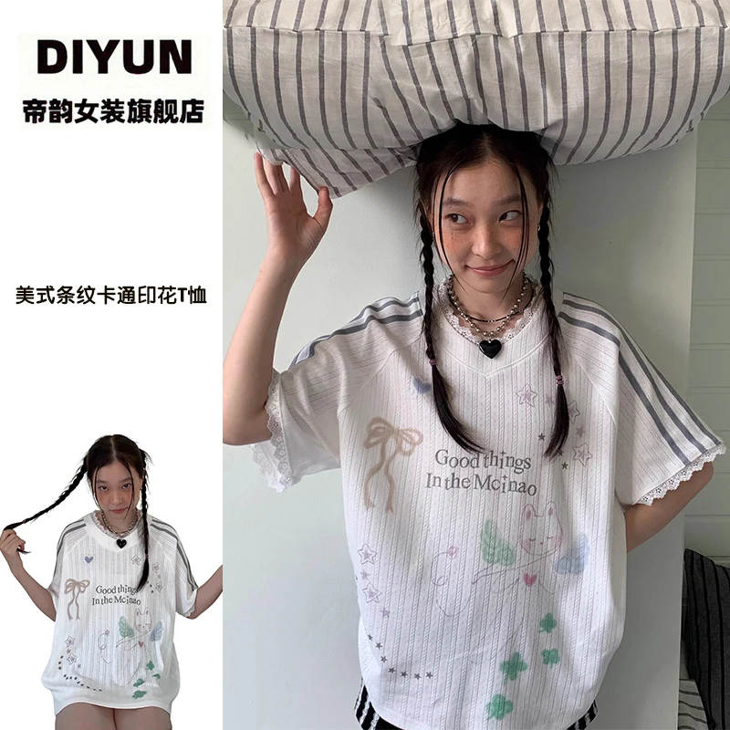 【帝韵】韩版条纹撞色V领短袖T恤女夏季宽松卡通印花蕾丝设计感上衣
