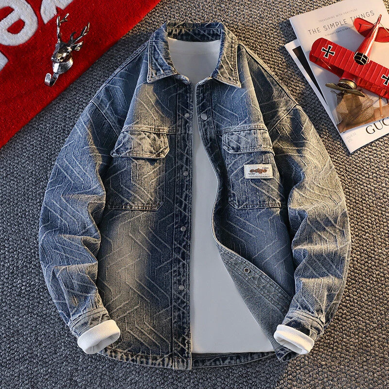 2025春秋季美式复古棉质水洗牛仔外套男士潮牌宽松百搭休闲R8538