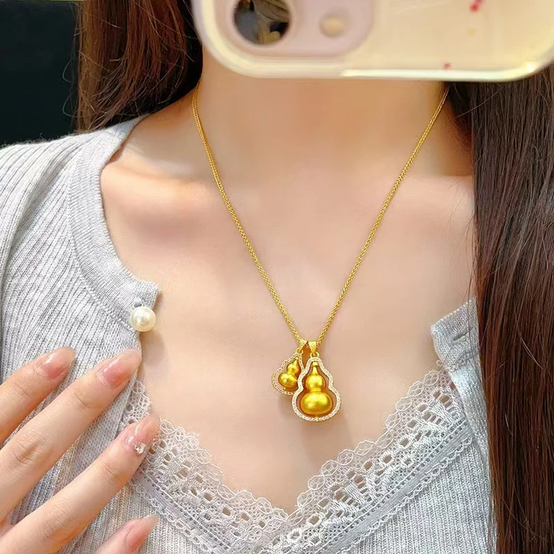 坠链均足银 904金色双葫芦项链足银999气质轻奢时尚精致