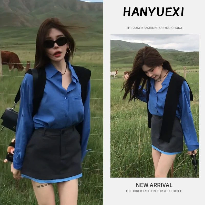 今年流行一整套女2025早秋新款多巴胺气质衬衫高腰气质短裙两件套