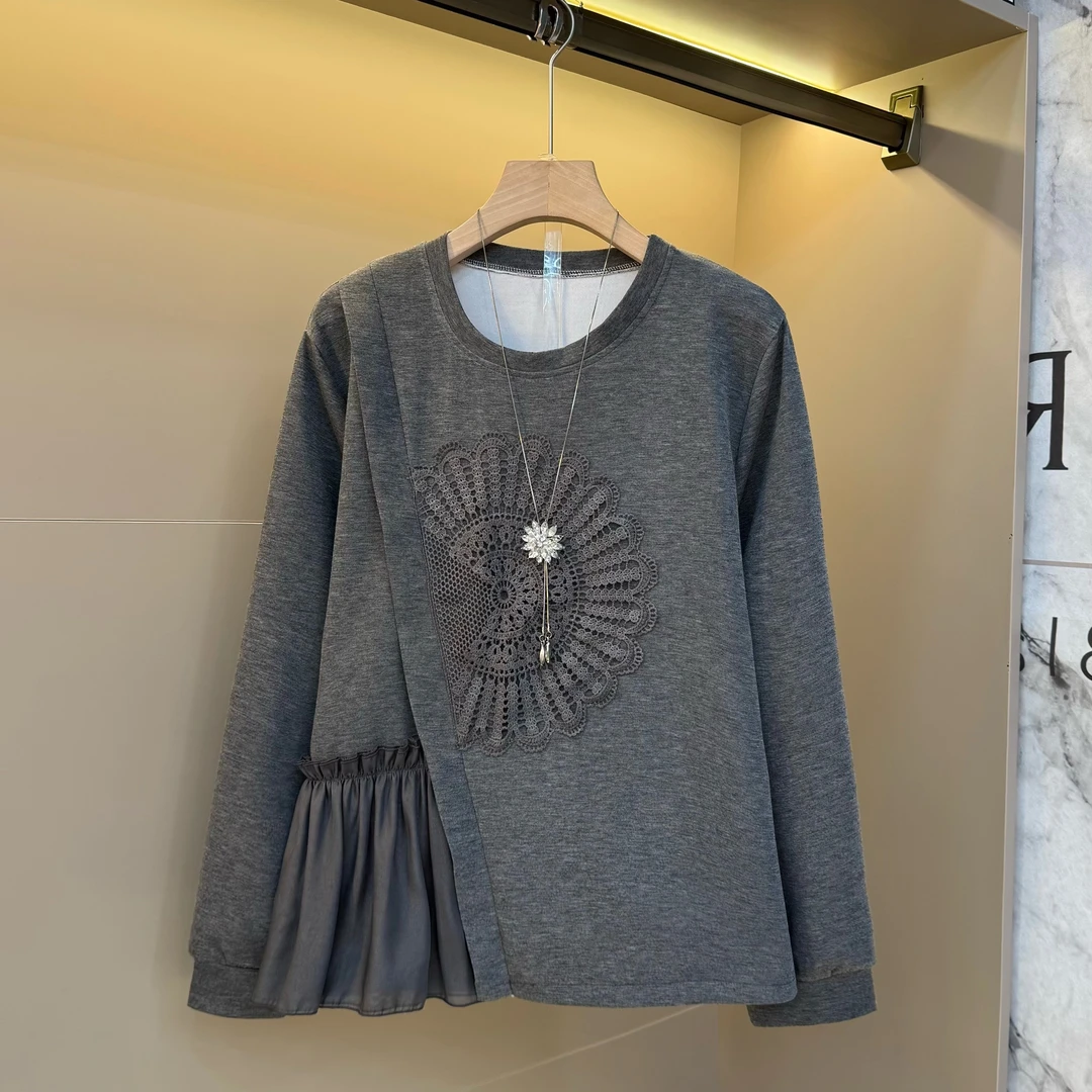 2020秋新中式精致时尚洋气不规则长袖胖mm大码减龄圆领上衣897