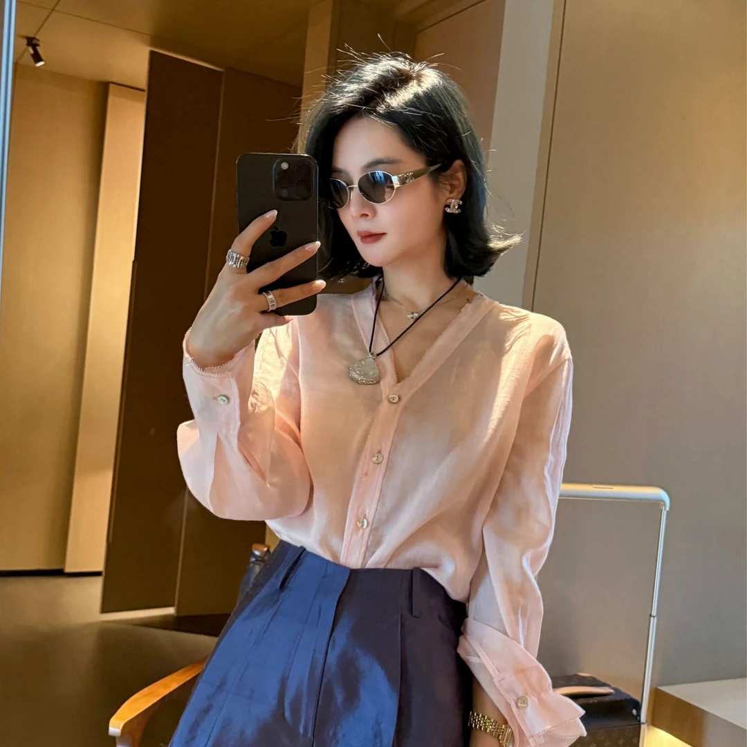 TheLOE/【对丝苎麻天丝初恋粉】V领气质长袖衬衣#05.20C-G5303