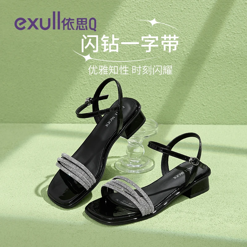 依思q水钻凉鞋女外穿2025新款夏季黑色高跟鞋粗跟精致一字带凉鞋