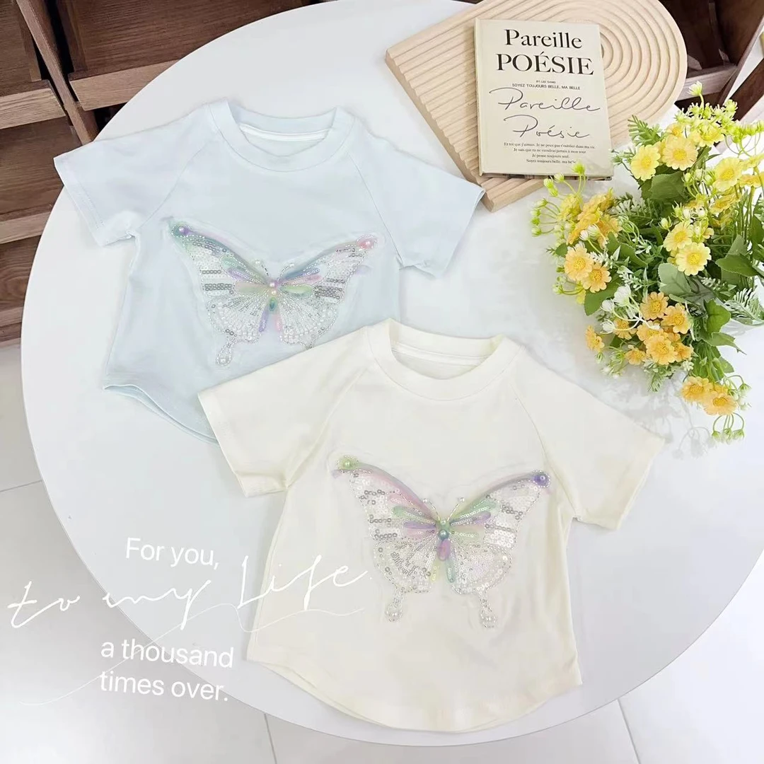 汤圆家童装2025夏季新款韩系甜美缤彩亮片蝴蝶百搭T恤 YA-1553