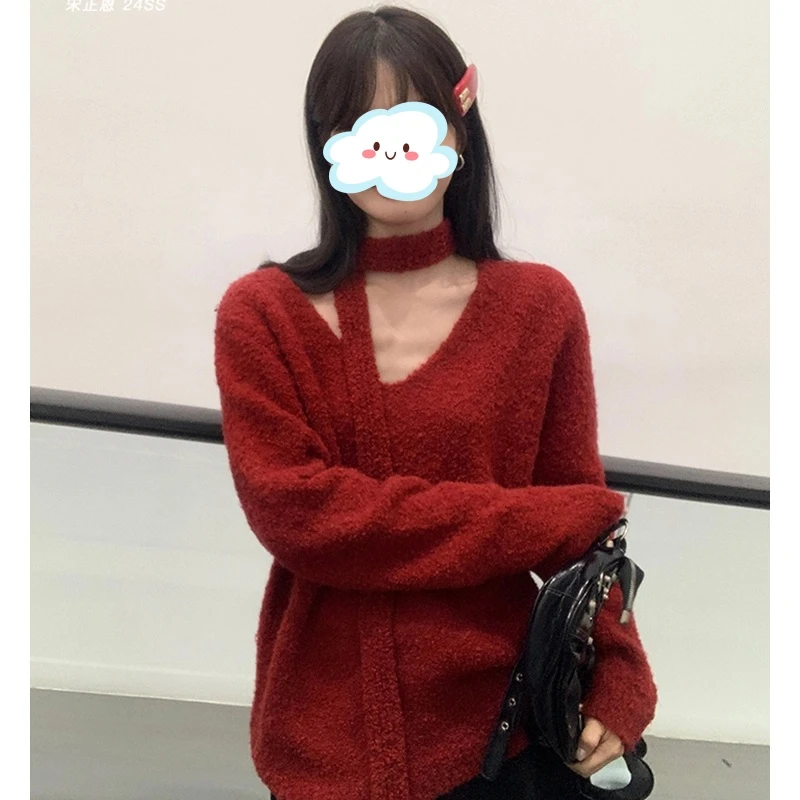 韩系软糯宽松保暖长袖毛衣女春秋慵懒风围脖奶fufu纯欲风显瘦上衣