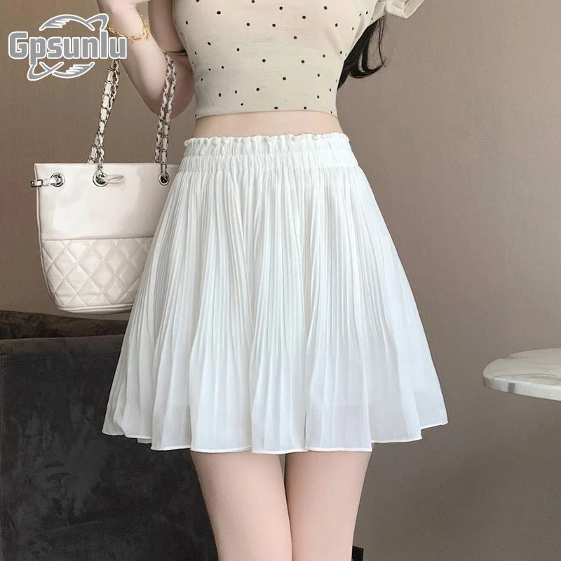 gpsunlu白色时尚百褶半身裙女夏季新款休闲高腰显瘦防走光短裙