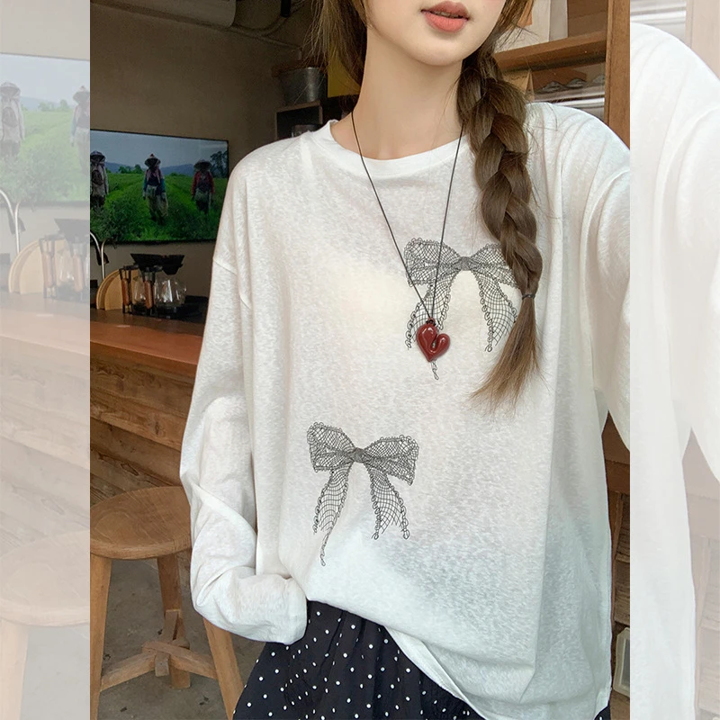 独特超好看蝴蝶结印花圆领长袖防晒罩衫女夏季薄款松弛感休闲上衣