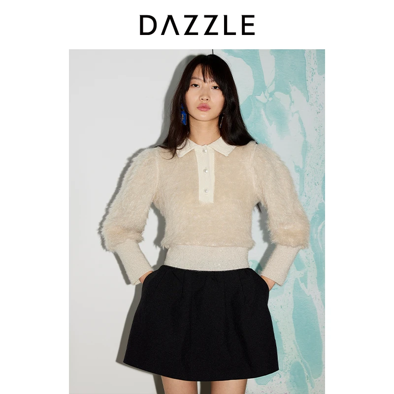 DAZZLE地素奥莱 毛衣24新款女亮葱卡其色小上衣2I1D401