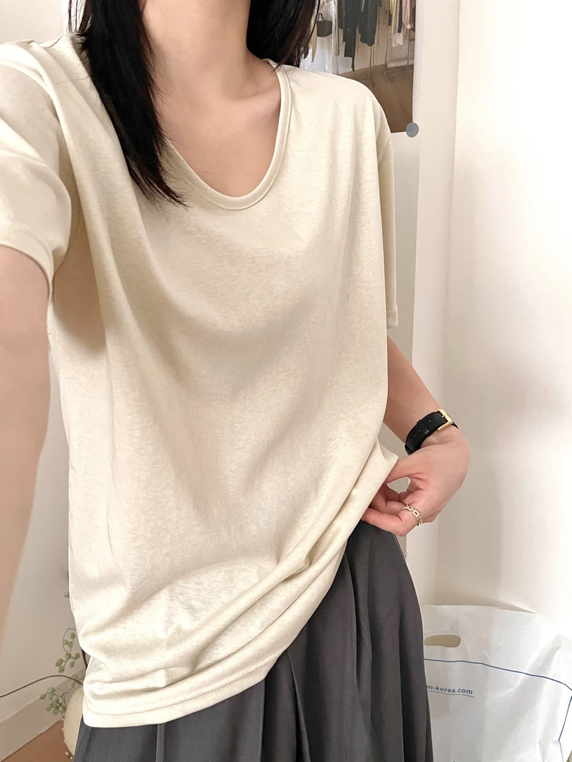 雪花棉v领t恤女夏季2025年新款薄款纯色显瘦百搭半袖T恤上衣D6