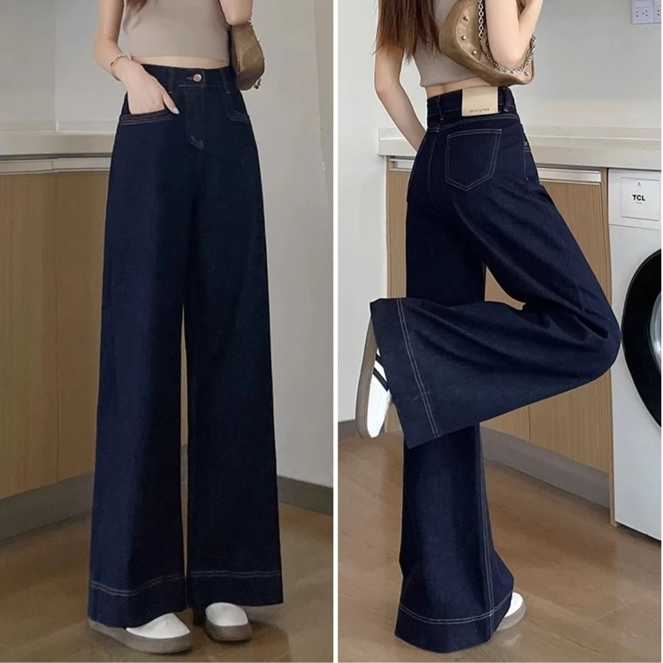 丹宁蓝色黑色夏季阔腿牛仔裤女2025年春季薄款小个子高腰宽松拖地