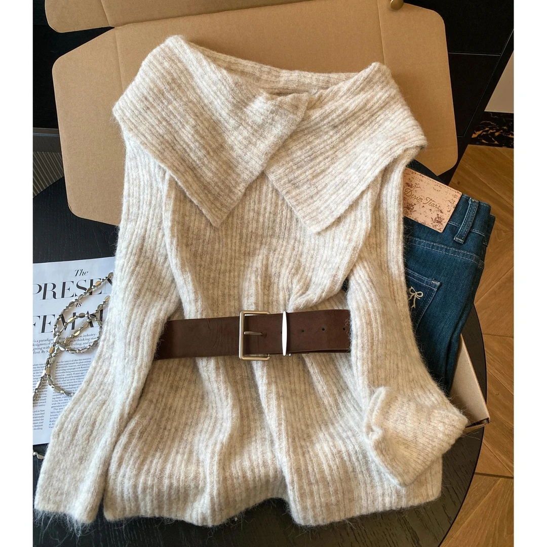 【秋冬爆款】慵懒气质一字肩翻领腰带针织衫女秋冬加厚外穿毛衣美