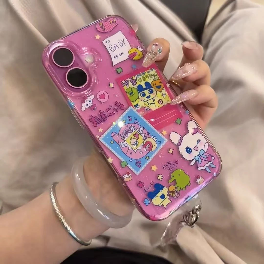 透明闪粉拓麻歌子插画适用苹果16promax韩系女款iphone15手机壳