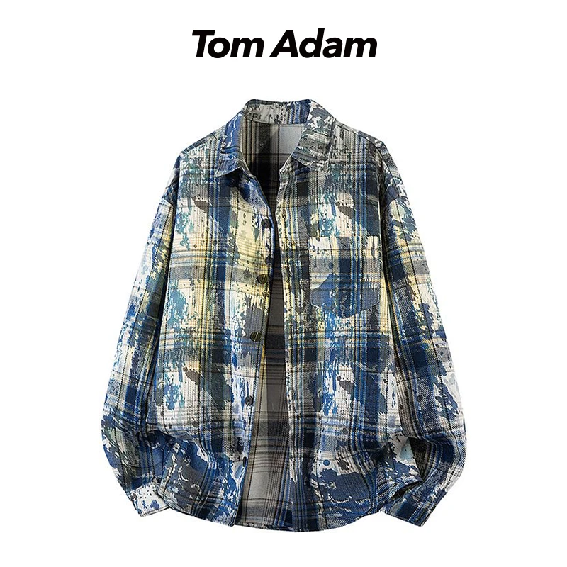 TOMADAM美式扎染时尚感长袖衬衫男街头痞帅外套秋冬宽松格纹寸衫