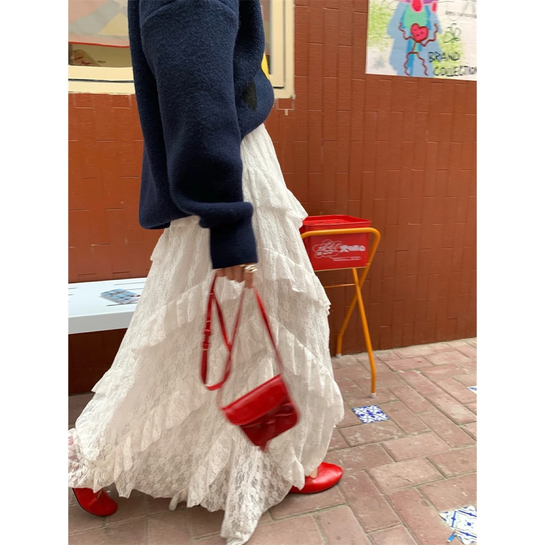 白色蕾丝半身裙女夏季2025新款高腰垂感a字半裙长裙不规则蛋糕裙