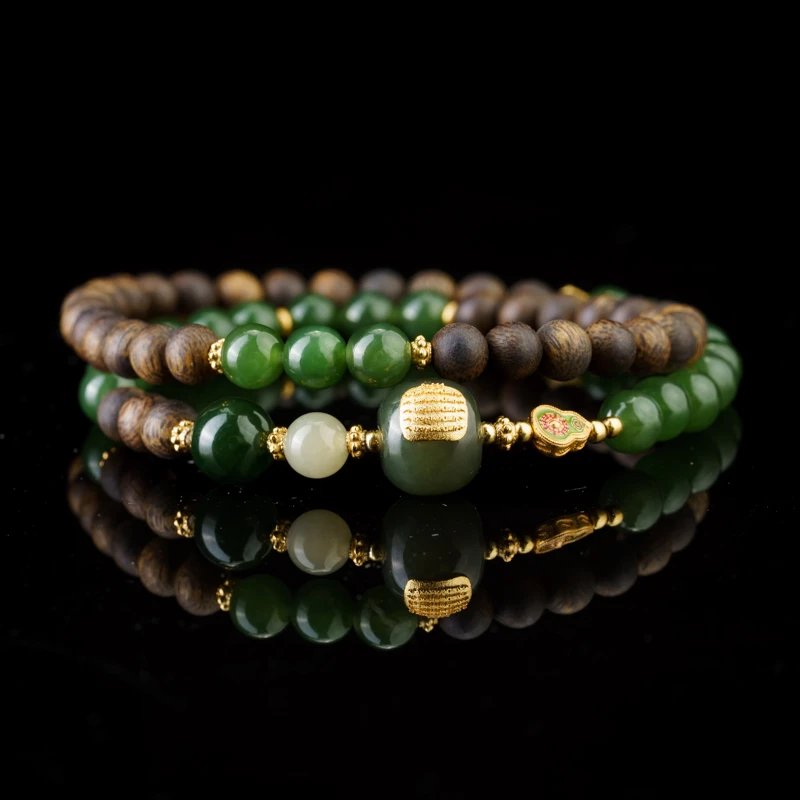 【晴澜】奇楠沉香0.5和田碧玉双圈手串