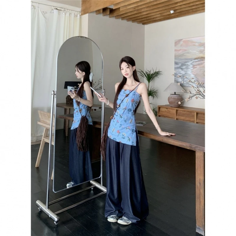 复古设计感小众花朵印花背心吊带上衣女夏季新款吊带衣阔腿裤套装