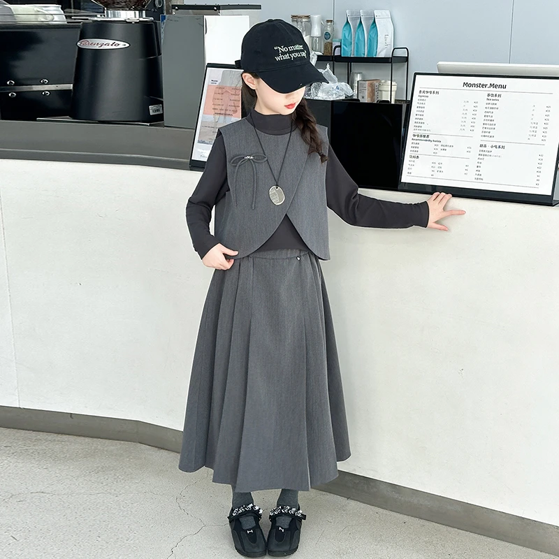 女童套装休闲纯色马甲半身裙2025秋季新款中大童洋气时髦三件套裙