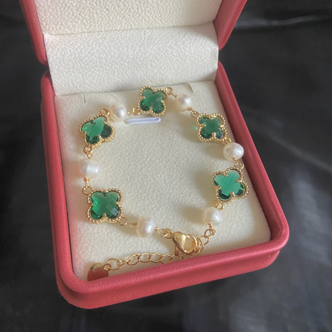 646 绿色四叶草珍珠手链 天然淡水无核近圆 天然生长纹可刮粉