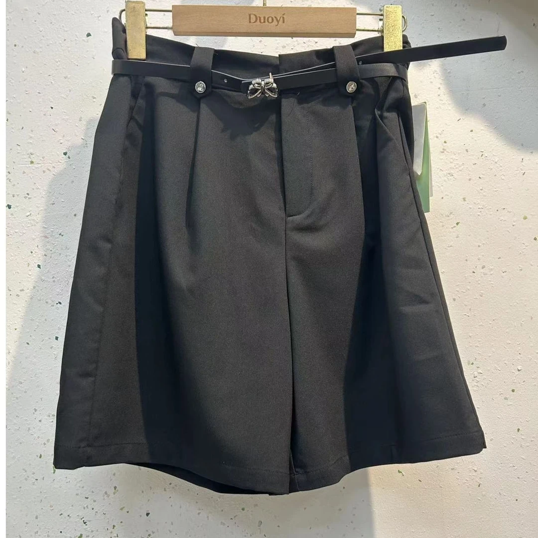 朵以2025夏季39DX218025新款黑色百搭显瘦配腰带西装裤中裤阔腿裤