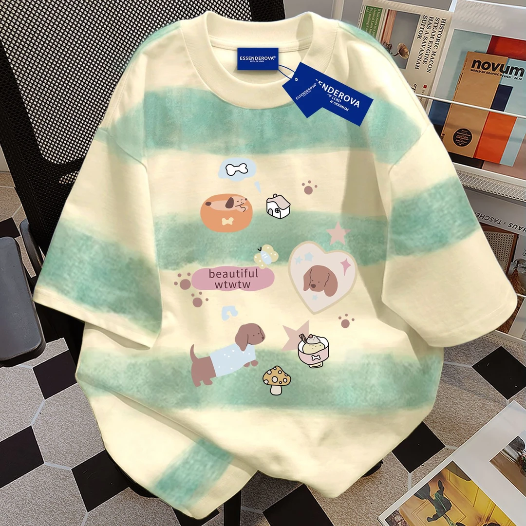 100%纯棉重磅清新圆领可爱夏季oversize宽松短袖男女情侣t恤上衣