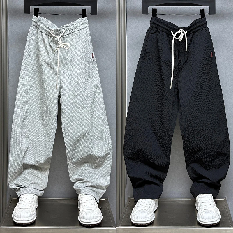 2025夏季新款美式潮牌设计感泡泡纱直筒阔腿裤男士宽松青年休闲裤