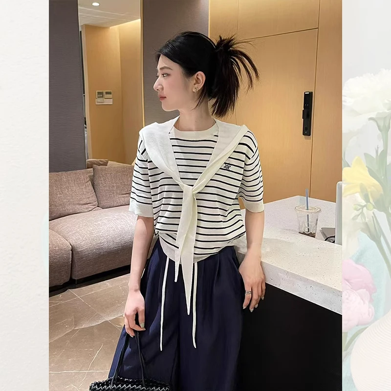 圆领海军风针织衫短袖T恤女夏季配披肩两件套时尚减龄薄款上衣