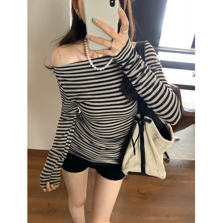 韩系chic别致露肩防晒t恤罩衫时尚辣妹斜肩条纹长袖冰丝上衣女夏