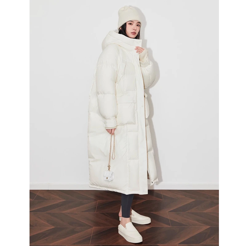 SUK冬季新品白色时尚宽松长款90白鹅绒连帽羽绒服外套女SK3706