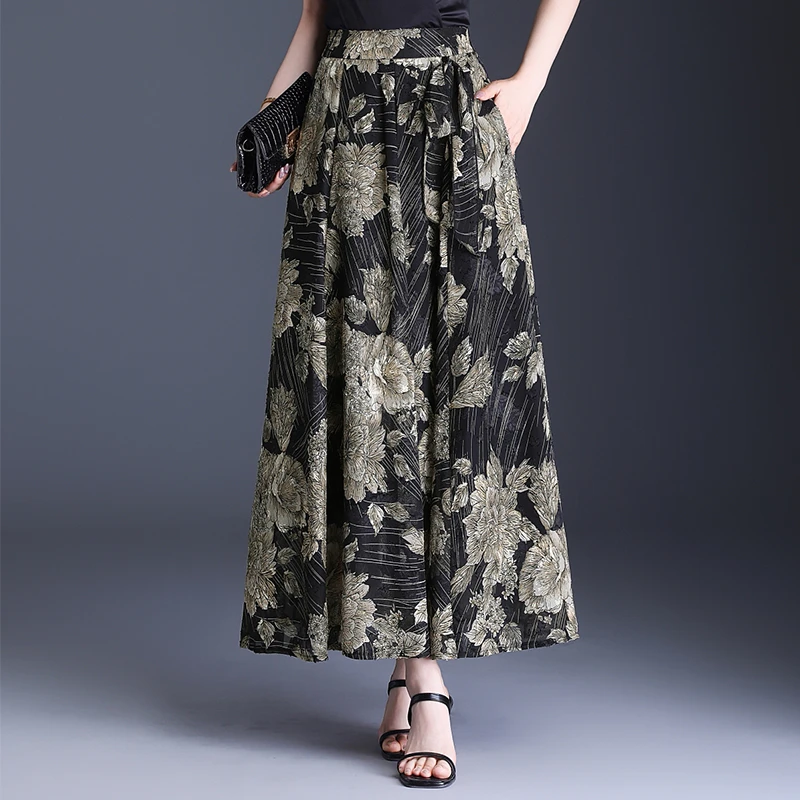 高级感雪纺半身裙印花中长款高腰百搭a字裙飘逸大摆裙显瘦长裙子