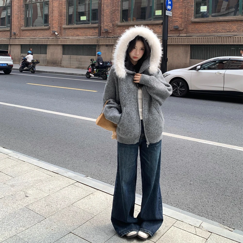 时尚学院风灰色连帽毛衣开衫外套女秋冬慵懒高级感拉链针织衫