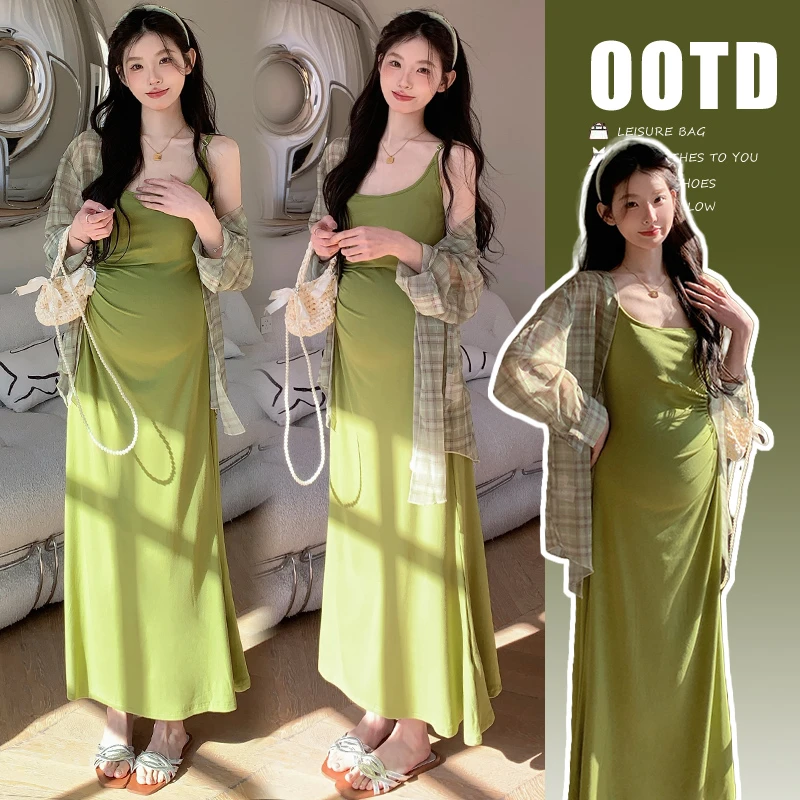 时尚孕妈春夏季辣妈显瘦气质弹力吊带裙+绿色格子防晒开衫套装