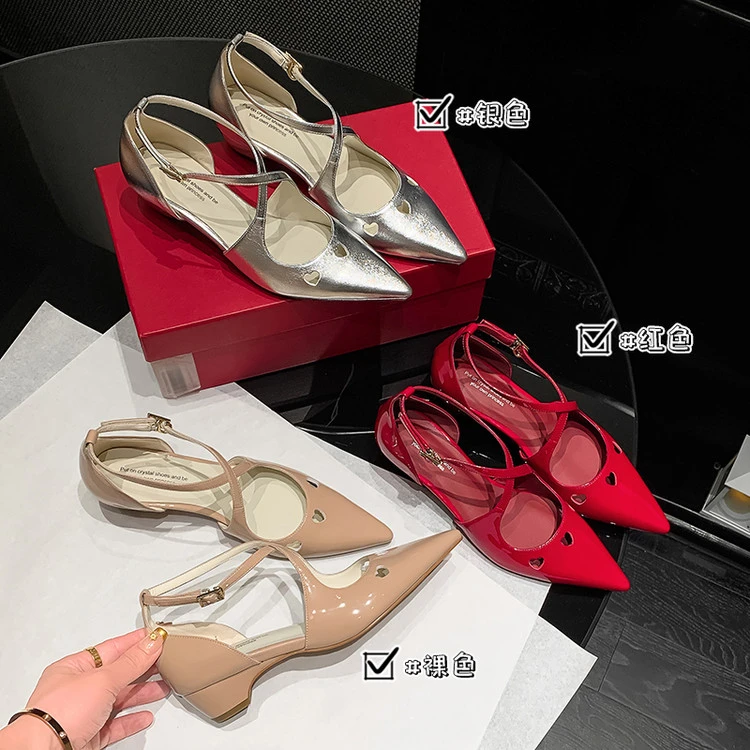 时装凉鞋2025年夏季简约粗跟浅口纯色气质时尚百搭细跟红色裸色