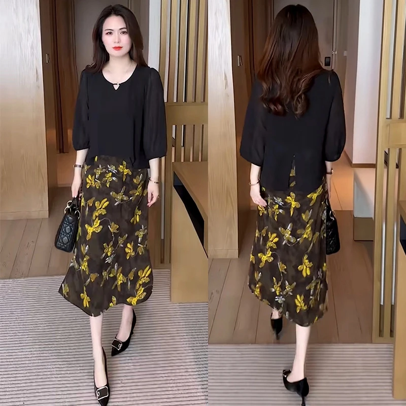 雪纺连衣裙女2025夏季新款时尚洋气中长裙假两件显瘦遮肚碎花裙子