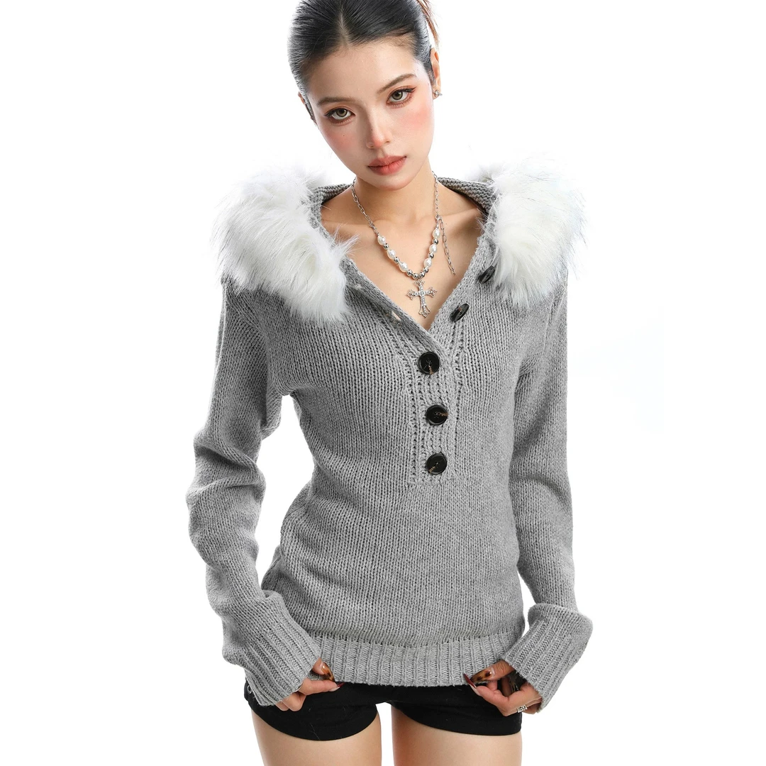 溪溪靓衫可拆卸毛领亨利领毛衣女秋季韩系收腰连帽针织衫上衣