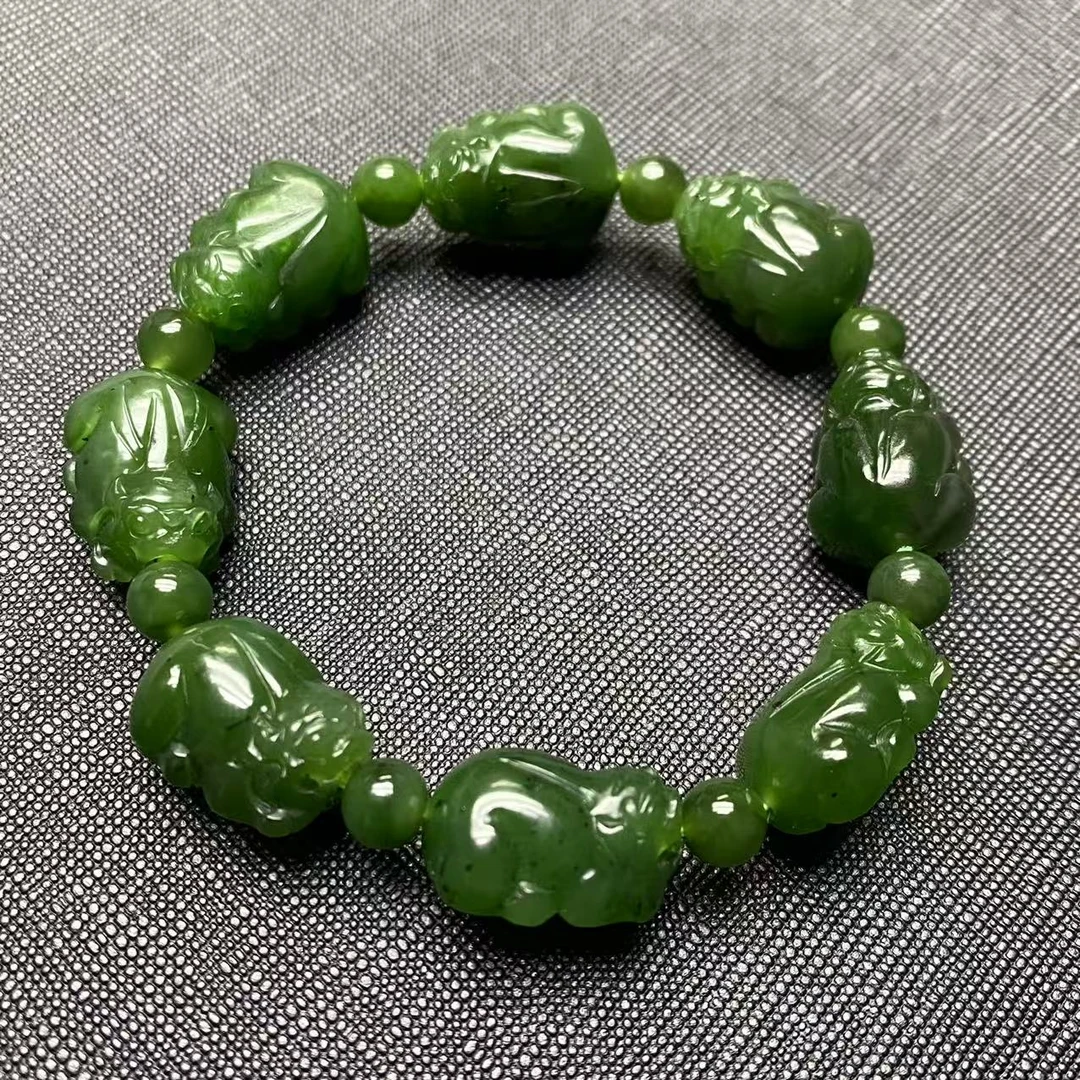 【迈越珠宝1750】天然和田玉碧玉冰阳绿色手工精雕刻貔貅玉手串单圈