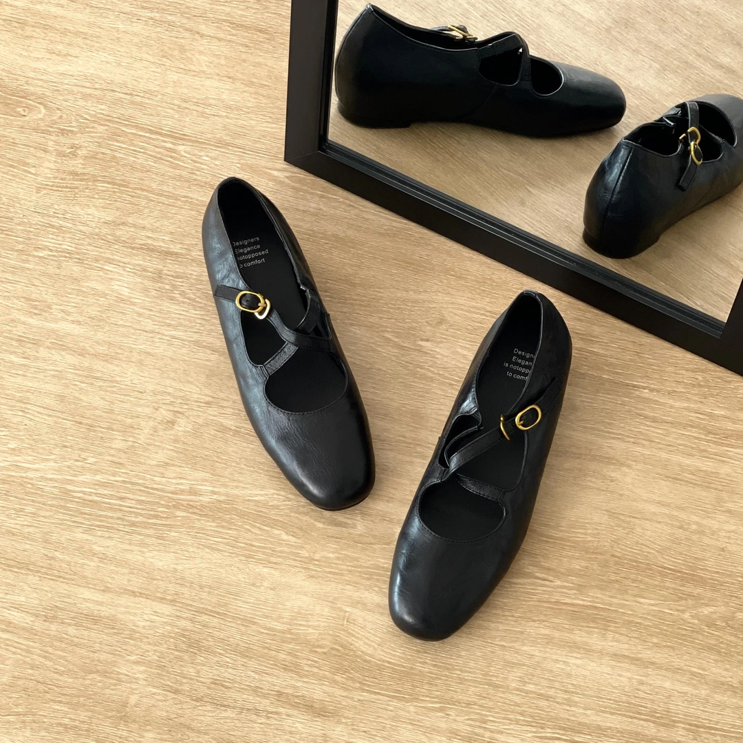 HJSSLOVE 头层牛皮·跟高4CM·法式中跟浅口交叉带玛丽珍鞋单鞋女