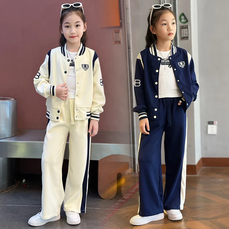 女童字母棒球服春季套装2025新款中大童休闲针织洋气套装秋款